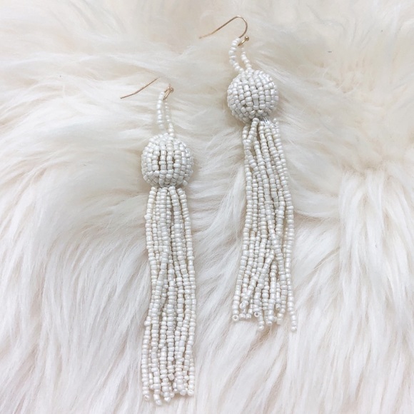 waffle Jewelry - Beaded Tassel Long Drop Earrings Off White